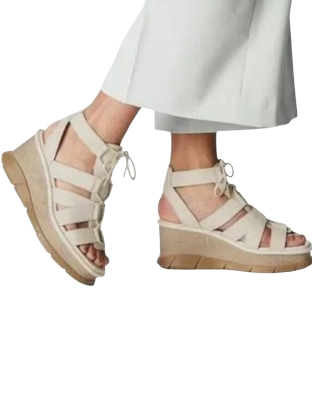 Sorel Joanie 111 Lace Wedge Sandals Chalk Leather